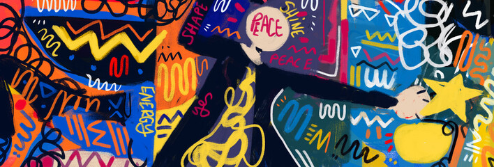 urban banner wall art graffiti of people and painting, peace and stars doodle © AESE