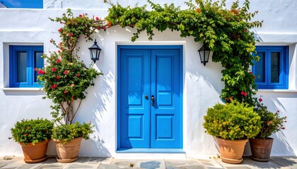 Vibrant blue door and windows adorned with lush greenery and colorful flowers on a bright whitewashed building.