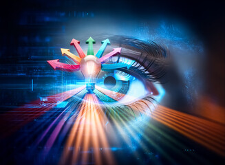 A captivating close-up of a human eye, digitally enhanced with vibrant blue hues and integrated technological circuitry, suggesting a fusion of humanity and technology.