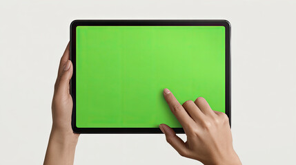 Hands Holding Tablet with Green Screen and Finger Tapping