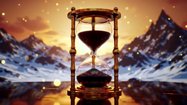 Golden Hourglass Reflecting Snow Mountains at Sunset with Bokeh Particles - Powered by Adobe