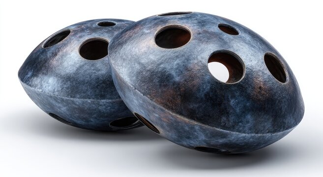 Two abstract, ovular ceramic vessels, dark blue-gray with speckled bronze, perforated with holes