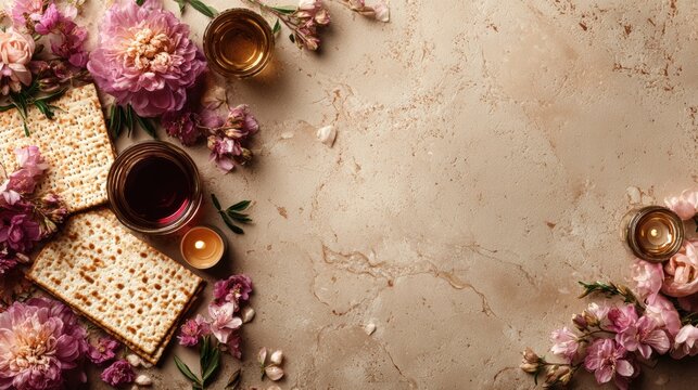 Passover celebration setting with matzah wine and flowers on elegant light marble surface