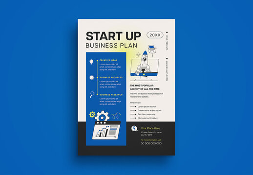 Blue and Yellow Flat Design Start Up Flyer Layout