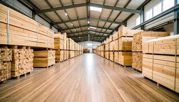 Stacked lumber fills a large, bright industrial warehouse, showcasing a vast inventory of light-colored wooden beams and planks.