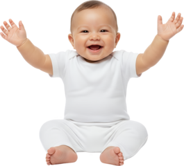 A cheerful baby sitting wearing white clothes raising both arms Isolated infant child toddler happy joy