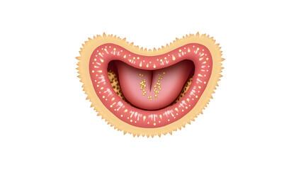 Anatomy & Physiology A labeled cross-section of the tongue, isolated on white, showing taste buds, papillae (fungiform, filiform, circumvallate, foliate)(4)