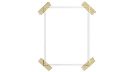 A blank white rectangle taped to a black background in a portrait orientation with beige tape corners on transparent background
