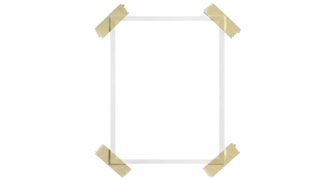 A blank white rectangle taped to a black background in a portrait orientation with beige tape corners on transparent background