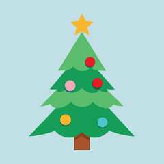 Green vector illustration of a festive Christmas tree adorned with ornaments, a star, and snow for the holiday season