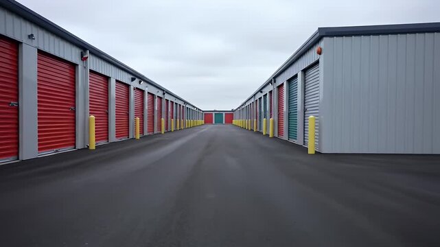 Exterior Shot of a Self Storage Facility with Colorful Red Green and Teal Doors Under a Cloudy Sky