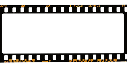 A black and white film strip with numbers and markings along the edges and a white rectangular space on transparent background