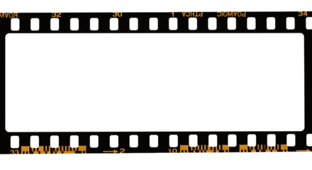 A black and white film strip with numbers and markings along the edges and a white rectangular space on transparent background
