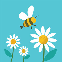 A vibrant yellow bee with delicate wings is a cartoon illustration, pollinating a beautiful daisy flower in the warm summer sun