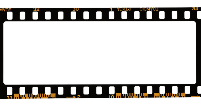 A black and white film strip with numbers and markings along the edges and a white rectangular space on transparent background