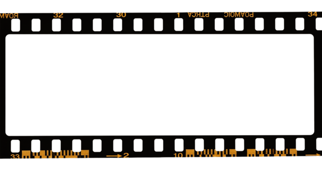 A black and white film strip with numbers and markings along the edges and a white rectangular space on transparent background