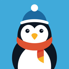 A cute baby cartoon penguin in a winter hat stands on the snow