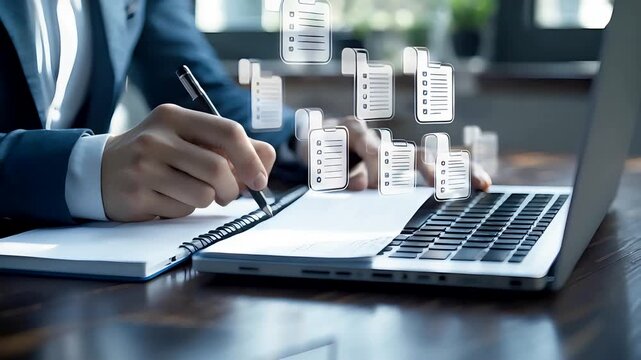 Businessman Writing Notes with Laptop Holographic Database Icons Digital Technology Concept Office Environment