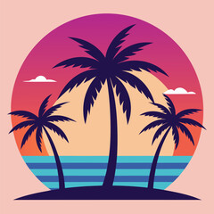 A beautiful tropical beach with a lone palm tree silhouetted against a vibrant sunset sky