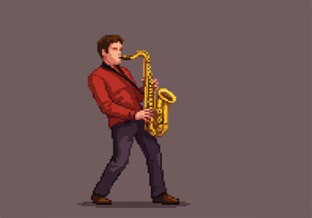 Naklejka premium Pixel man playing saxophone, against a neutral background, possibly for a game
