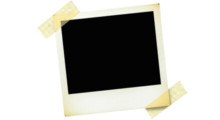 A blank polaroid frame attached with tape on a black background ready for your special memories on transparent background