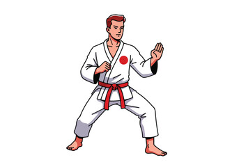 Cartoon Person in Gi. Isolated.  Practicing Martial Arts Stance. White Background