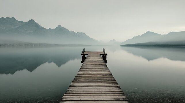Serene wooden dock extends across calm lake towards misty, majestic mountains reflecting perfectly - Powered by Adobe