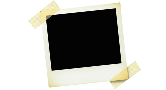 A blank polaroid frame attached with tape on a black background ready for your special memories on transparent background - Powered by Adobe