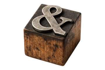 3D vintage letterpress ampersand symbol on a wooden block. Rustic metal and wood PNG clip art on a transparent background for a typography project, logo, or wedding invitation.