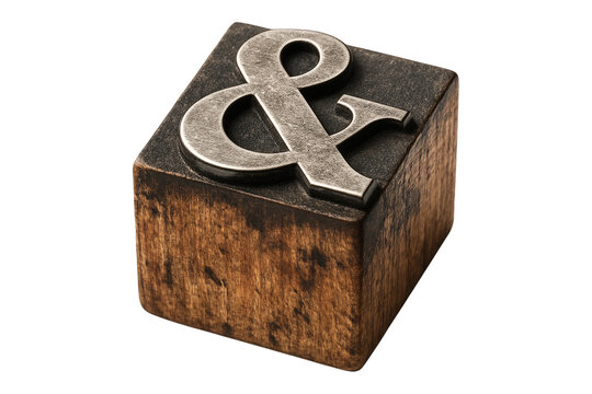 3D vintage letterpress ampersand symbol on a wooden block. Rustic metal and wood PNG clip art on a transparent background for a typography project, logo, or wedding invitation.