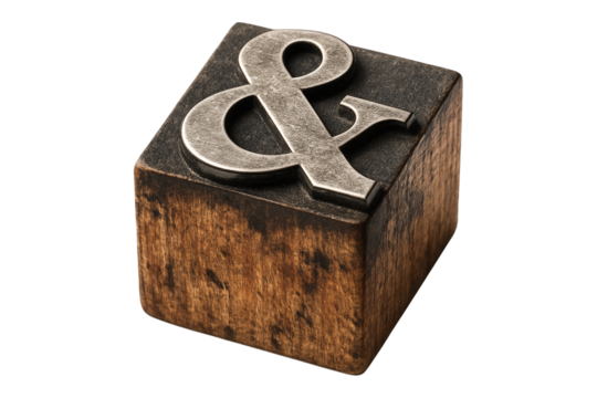 3D vintage letterpress ampersand symbol on a wooden block. Rustic metal and wood PNG clip art on a transparent background for a typography project, logo, or wedding invitation.