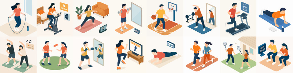 Isometric Illustration Set of People Exercising at Home Training Activity