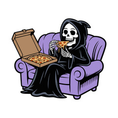 Grim Reaper Eating Pizza On Couch Cartoon Illustration