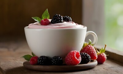 Indulgent creamy dessert topped with fresh raspberries and blackberries served in elegant white cup