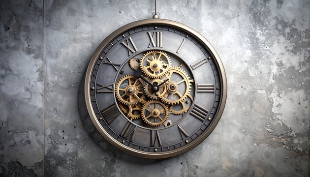 Clock with intricate gold gears on a weathered grey wall, showcasing a blend of mechanical complexity and aged texture, symbolizing time, machinery, and industrial design.