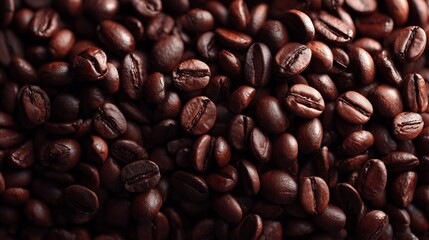 Obraz premium A detailed macro shot showcasing the rich texture of roasted coffee beans, highlighting their dark color and glossy surface.