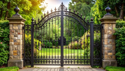 Fototapeta premium Ornate wrought iron gate with stone pillars, providing access to a lush green lawn and garden under a bright, sunny sky, conveying a sense of grandeur.