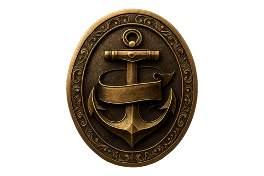 Vintage bronze anchor emblem with a blank banner for text. Ornate nautical medal PNG clip art on a transparent background for a marine logo, sailor tattoo, or adventure design.