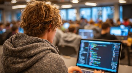 Developer types on a laptop amidst a bustling open office while celebrating programmers day, concept of workplace programmer culture.