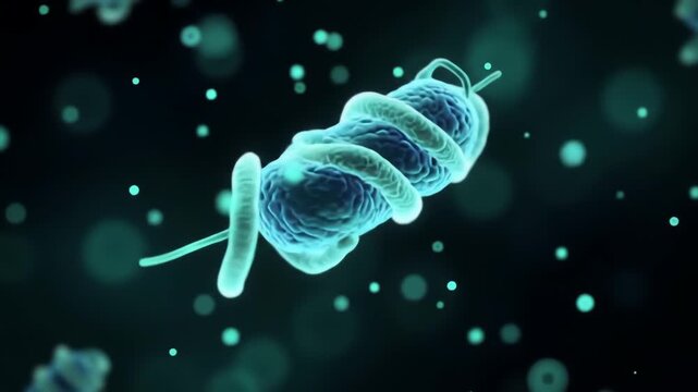 Microscopic view of a glowing blue spirillum bacteria cartoon, a 3D scientific medical illustration of a pathogen.