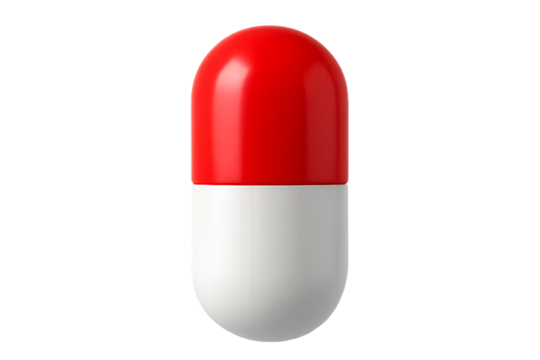 Realistic red and white medicine capsule. 3D pharmaceutical pill PNG clip art on a transparent background for a healthcare icon, pharmacy logo, or medical illustration.
