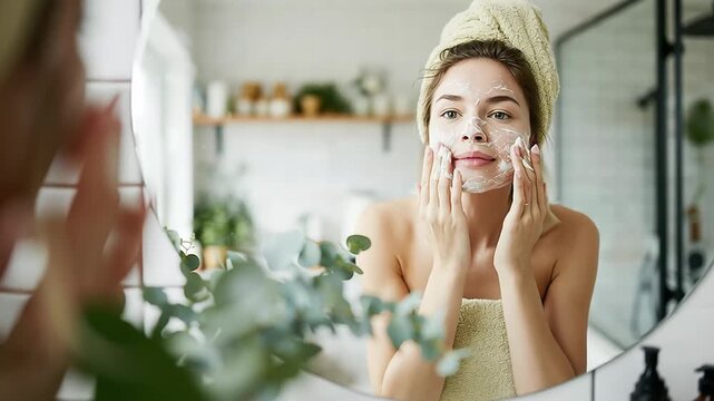 Woman enjoying skincare routine with natural face mask in cozy bathroom setting
