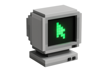 Pixel art computer monitor with a cursor icon. Retro 8-bit PC display PNG clip art on a transparent background for a tech blog, IT logo, or vintage electronics design.