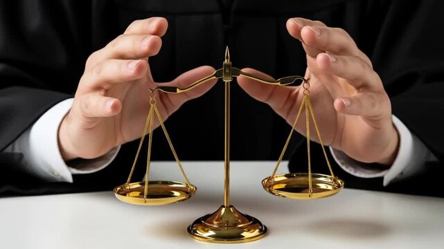 Closeup shot of a judges hands holding a golden balance scale, symbolizing justice, law, and the pursuit of fairness in the legal system, ensuring equality