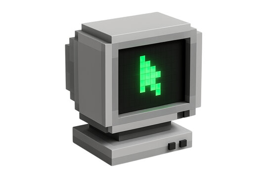 Pixel art computer monitor with a cursor icon. Retro 8-bit PC display PNG clip art on a transparent background for a tech blog, IT logo, or vintage electronics design.