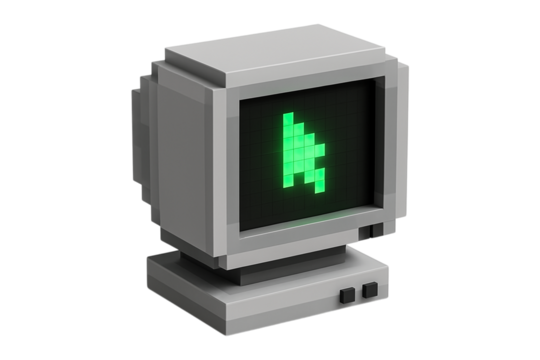 Pixel art computer monitor with a cursor icon. Retro 8-bit PC display PNG clip art on a transparent background for a tech blog, IT logo, or vintage electronics design.