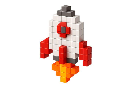 Voxel rocket ship launching with pixel flames. 8-bit retro spaceship PNG clip art on a transparent background for a startup logo, space game asset, or technology icon.