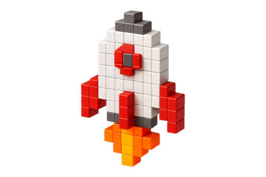 Voxel rocket ship launching with pixel flames. 8-bit retro spaceship PNG clip art on a transparent background for a startup logo, space game asset, or technology icon. - Powered by Adobe