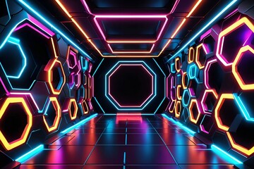 Neon glowing hexagon tunnel