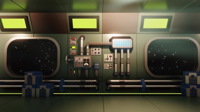 Sci-fi corridor inside a spaceship or space station. Designed in a stylized low-poly style. Starry space view with an asteroid passing by. Seamlessly looped 3D animation